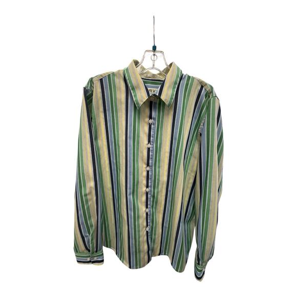 Orvis Women's Button Front Shirt Plus 18 Green Blue yellow Stripe Long Sleeve - Picture 1 of 3